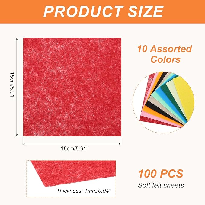 MECCANIXITY Felt Square Shape Craft Felt Sheets 5.91Inch x 5.91Inch for Home Decor Party Crafting Art, 20 Colors, Pack of 100
