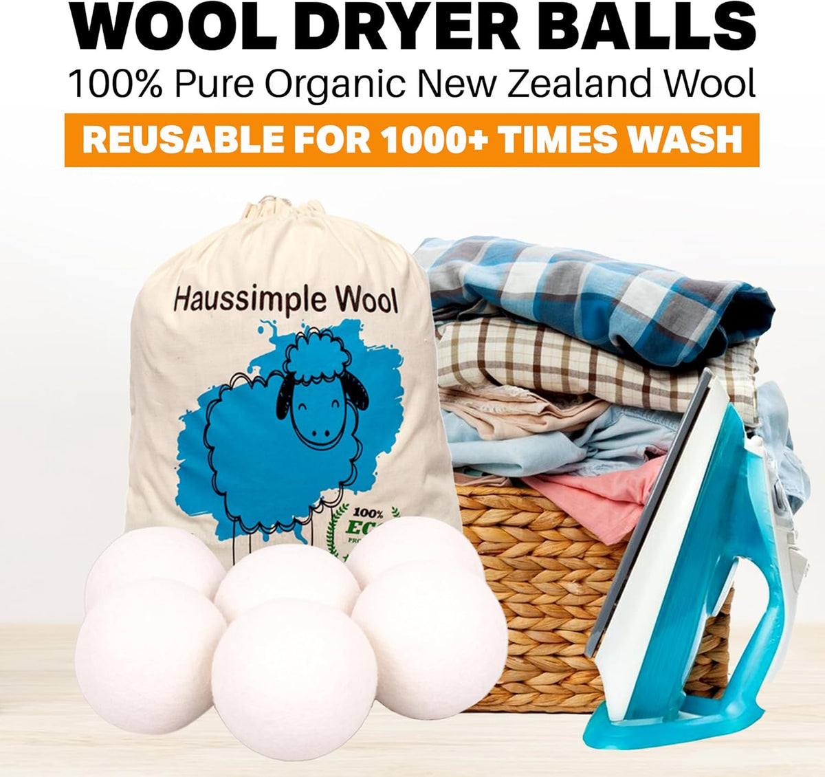 Wool Dryer Balls Organic Felt 6 Pack Laundry Fabric Softener, Extra Large Reusable Handmade Natural Sheep Wool Lint Wrinkle Free Anti Static Baby Safe (Plain White)