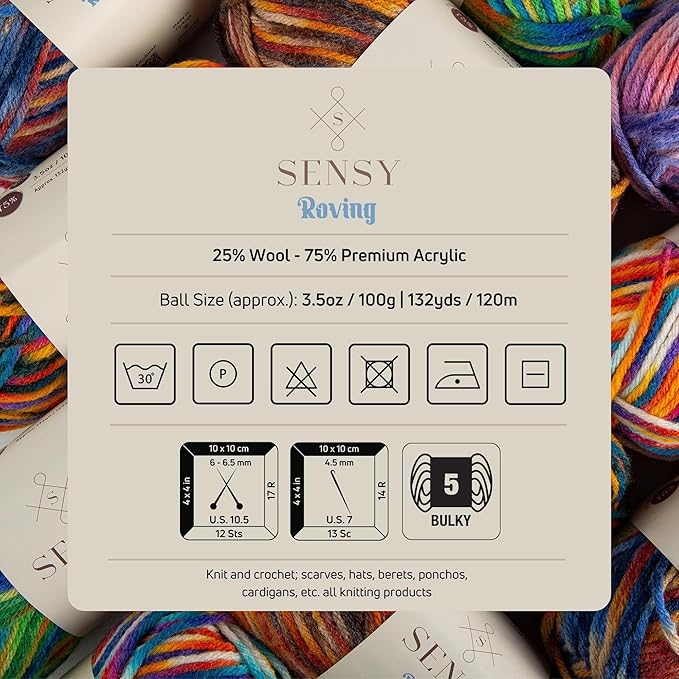 Sensy Roving Multi Color Yarn, 3.5 oz, 132 Yards, Gauge 5 Bulky (Midnight)