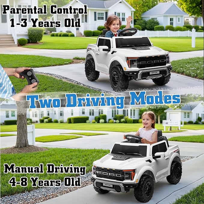 12V Ride on Car Licensed Ford F-150 Raptor, Kids Electric Car with Remote Control, LED Light/Music/MP3, Truck Bed Storage, 3-Point Seat Belt (12V, White)