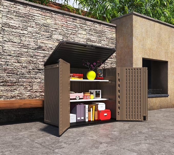 Horizontal Resin Storage Shed, 34 Horizontal Cu.ft Outdoor Storage Cabinet Waterproof for Garden/Backyard/Home/Pool, Lockable(34 Cu.ft-Brown)