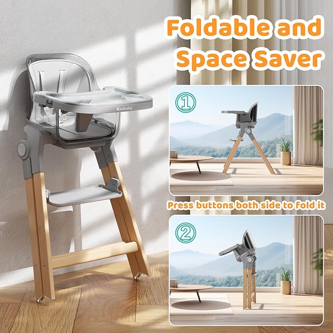 Ezebaby Foldable Wooden High Chairs, 3-in-1 Convertible Baby High Chair, Dining Booster Seat, Toddler Chair, Easy Clean High Chairs for Babies and Toddlers with Large Adjustable Tray- Transparent Gray