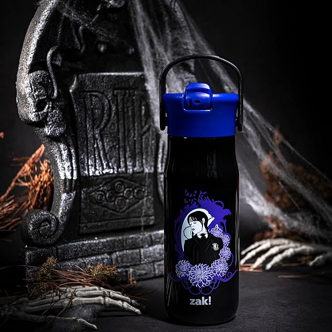 Zak Designs Harmony Wednesday Water Bottle for Travel or At Home, 20oz Recycled Stainless Steel is Leak-Proof When Closed and Vacuum Insulated with Straw Lid and Carry Handle (Wednesday Addams)