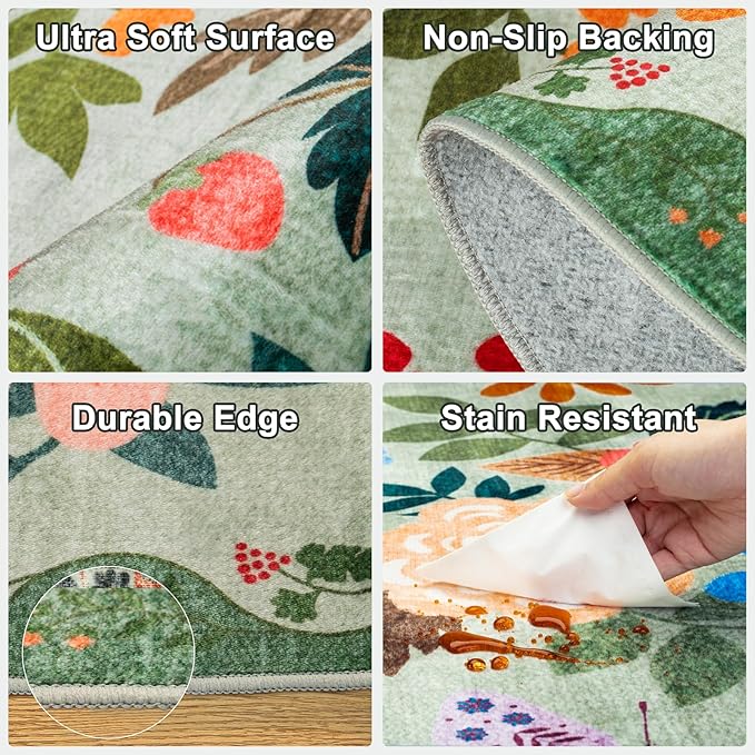 Area Rugs 9x12 Living Room: Floral Washable Rug Vintage Large Soft Boho Non-Slip Carpet Indoor Stain Resistant Low Pile Carpets for Bedroom Dining Room Farmhouse Nursery Hallway Home Office Green