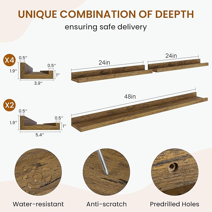 Axeman Picture Ledge Shelf, Floating Shelves for Wall Storage Set of 6, 48 inch Floating Wall Mounted Shelves, Wall Shelves with Lip for Living Room, Bedroom, Nursery, Bathroom, Kitchen, Rustic Brown