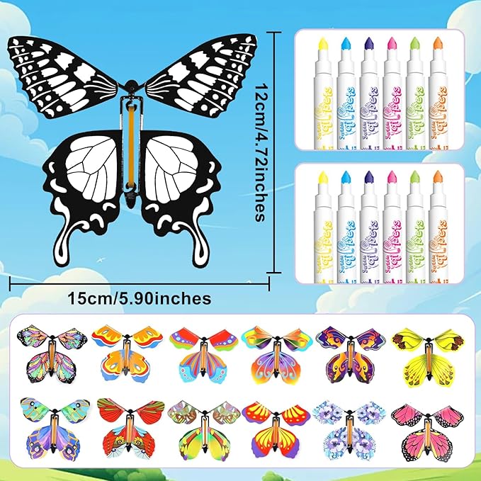 SANYIYIBA 24 Pack Flying Butterfly Craft Kit with 12 Wind Up Butterflies and 12 Color Pens DIY Toys for Kids' Parties School Activities and Parent-Child Fun
