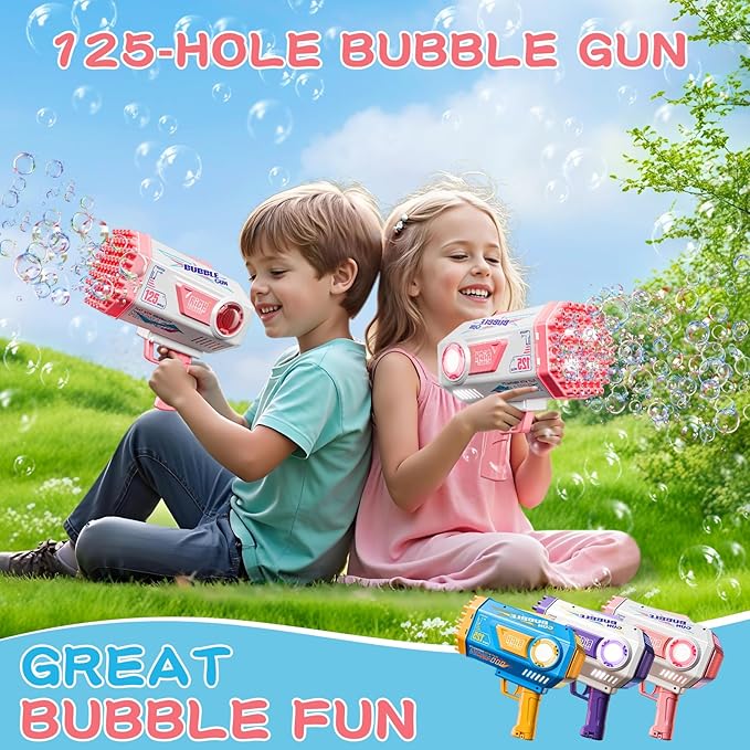 BOMOCO Bubble Gun,125 Holes Bubble Machine Bubbles for Kids Age 3-12,Bubble Blaster Gun with Bubble Solution Summer Outdoor Bubble Toys Birthday Wedding Halloween Party Favors Gifts Bubble Maker,Pink