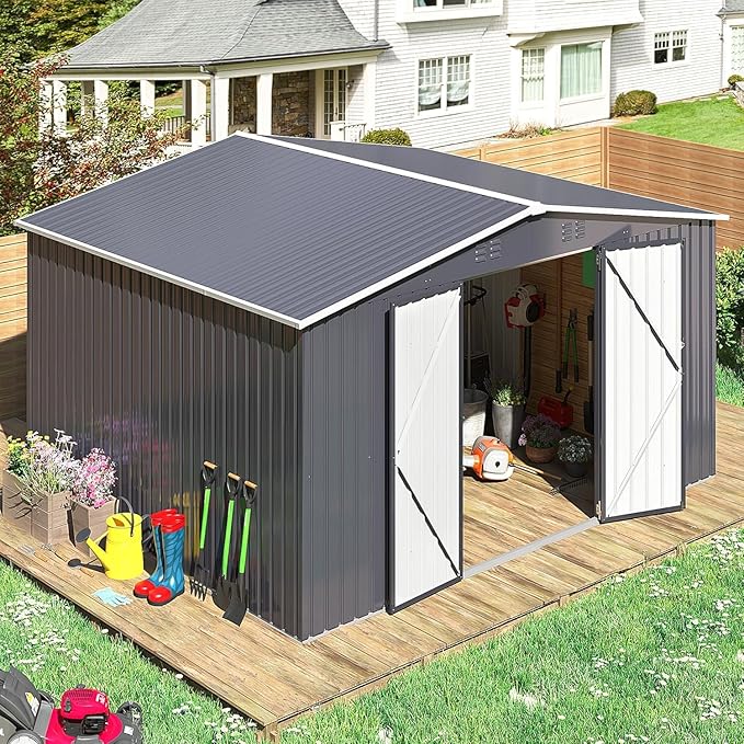 Polar Aurora Outdoor Storage Shed, Metal Garden Shed with Updated Frame Structure, Tool Sheds for Backyard Garden Patio Lawn (Black, 12x10 FT)