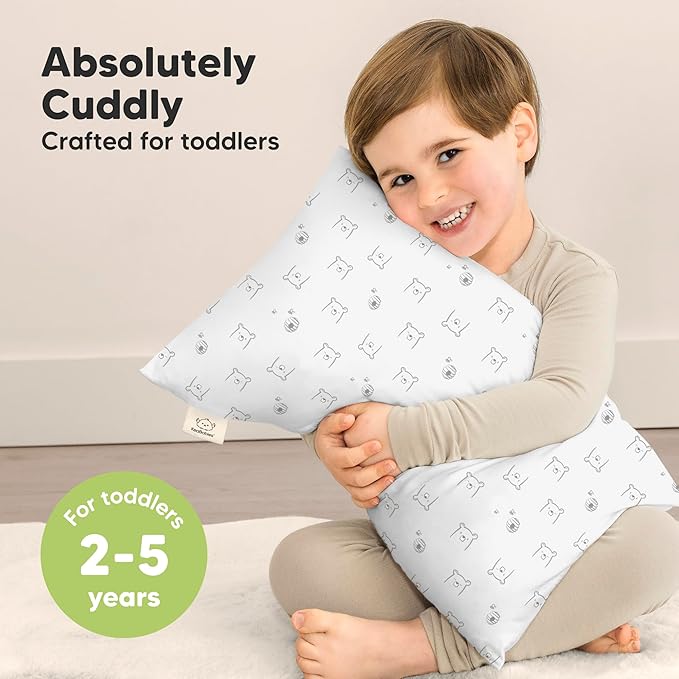 Toddler Pillow with Pillowcase - 13x18 My Little Cuddly Pillow, Viscose Derived From Bamboo Nursery Toddler Pillows for Sleeping,Kids Pillow,Small Travel Pillows, Mini Toddler Bed Pillow (Bumble Bear)