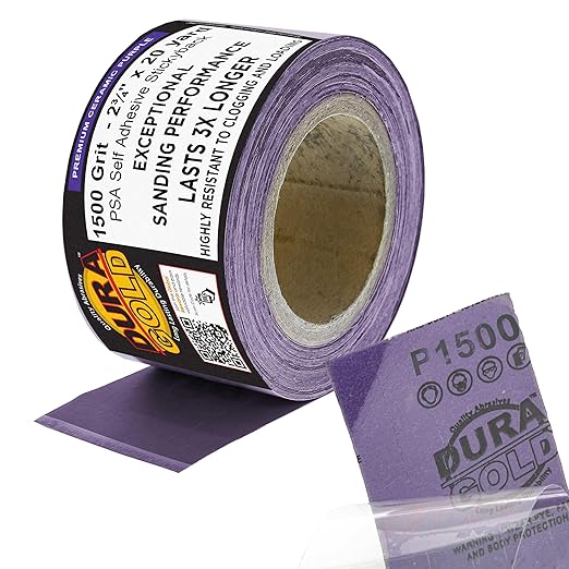 Dura-Gold Premium 1500 Grit PSA Purple Film Ceramic Longboard Sandpaper, 2-3/4" Wide Continuous 20 Yard Roll - Self Adhesive Stickyback for Auto & Wood Air File Long Board Sanders, Hand Sanding Blocks