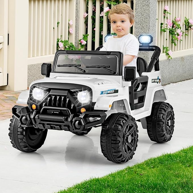 Costzon 12V Kids Ride on Truck Car, Electric Vehicle w/Remote Control, Threaded Wheels, 3 Speeds, LED Lights, Music, Horn & Wireless Connection, Battery Powered Ride on Toy for Boys & Girls 3+ (White)