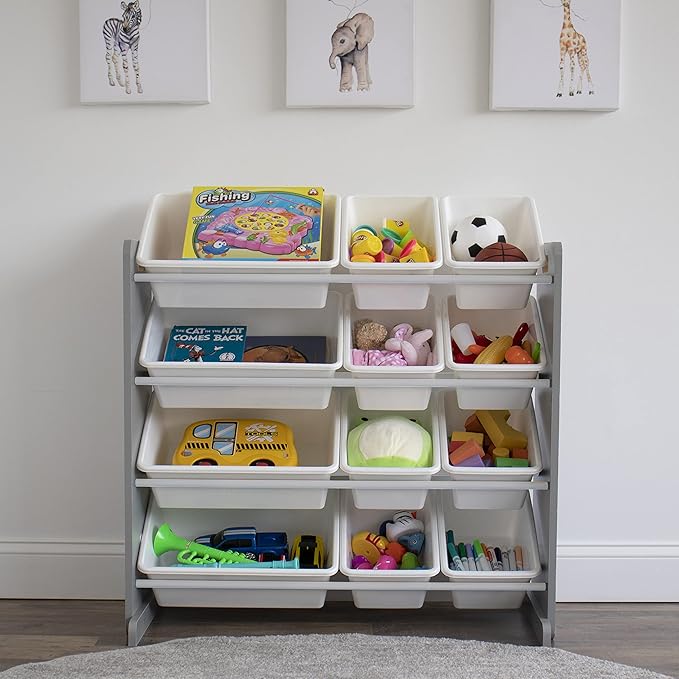 Humble Crew Kids Toy Storage Organizer with 12 Plastic Bins, Grey/White – Removable Bins for Playroom, Bedroom, Toddler Furniture for Boys and Girls Ages