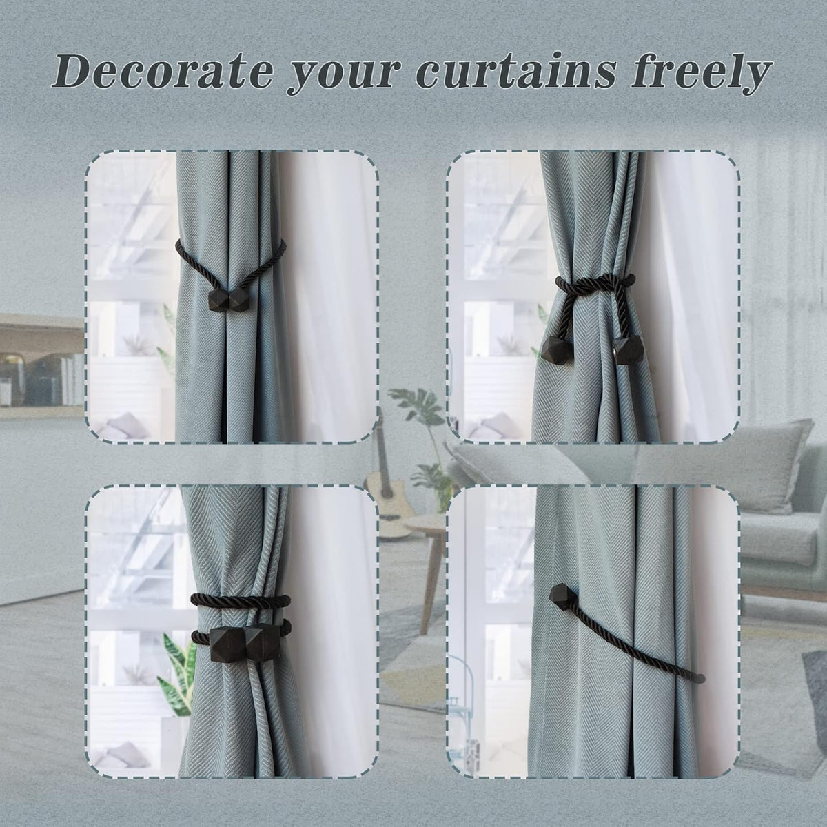 Hion Magnetic Curtain Tiebacks Black 6 Pack, Curtain Tiebacks Buckles Holdbacks Holders Hooks Clip for Home Bedroom Office Decorative Thick or Thin Curtain