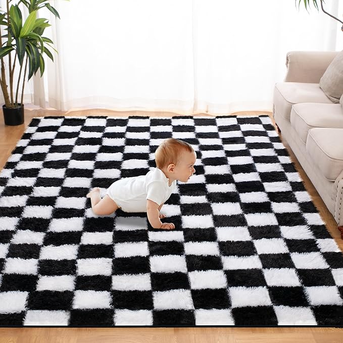 Super Soft Rug for Bedroom, 5x8 Ft Black and White Area Rug Classic Checkered Shaggy Anti-Skid High Pile Soft Fluffy Rug Fuzzy Carpet for Living Room Bedroom Kids Room Nursery, Dorm Home Decor