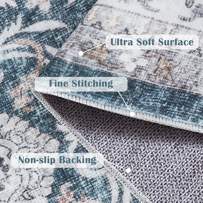 jinchan Floral 6x9 Area Rugs for Living Room - Machine Washable Vintage Distressed Boho Design Throw Rug Stain Resistant Carpet Low-Pile Thin Non-Slip for Bedroom Dining Room Nursery (6‘x9',Dark Blue)
