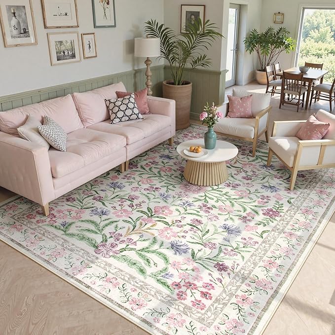 Wonnitar Purple Floral 8x10 Area Rugs, Washable Rug for Living Room, Soft Ultra-Thin Non-Shedding Large Indoor Boho Carpet for Bedroom Nursery Playroom Classroom Decor, Light Purple/Pink