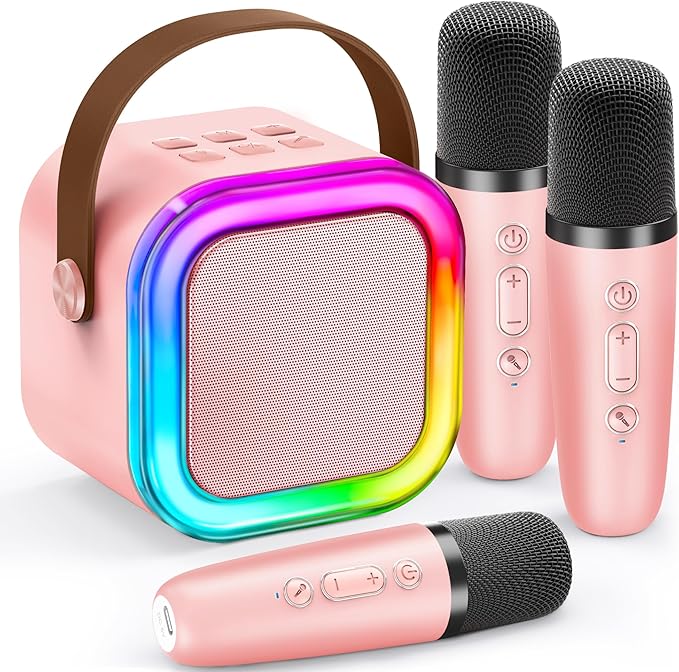 IROO Mini Karaoke Machine for Kids, 2025 TOP Toys Birthday Gifts Ideas for Girls Ages 4, 5, 6, 7, 8, 9, 10, 12+ Years Old, Portable MP3 Player with 3 Wireless Mics for Party