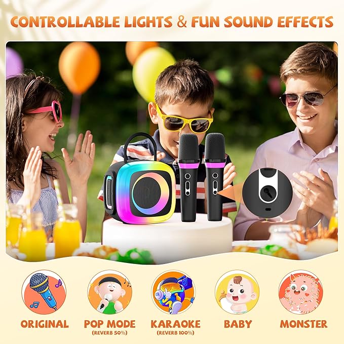 Mini Karaoke Machine for Kids Adults: Portable Bluetooth Speaker with 2 Wireless Microphones and Light - Singing Karaoke Gift for Girls Boys Ages 4-12+ Years Old Birthday Family Home Party