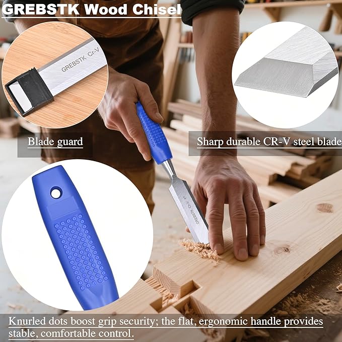 GREBSTK 4 Pcs Wood Chisel Set, CRV Steel Bevel Sharp Edge Bench Chisels with Safety Caps, Comfortable Rubber Handle, for Woodworking and DIY Projects, 9“x(1/4", 1/2", 3/4", 1")