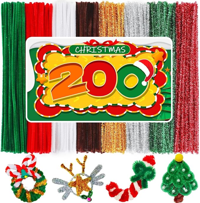 200pcs Christmas Pipe Cleaners – 8 Color Chenille Stems & Fuzzy Sticks for Crafts, Holiday DIY Decorations, Ornaments & Family Projects
