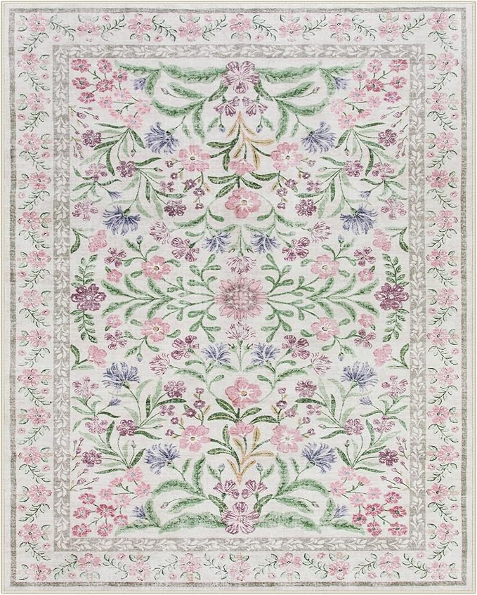 Wonnitar Purple Floral 8x10 Area Rugs, Washable Rug for Living Room, Soft Ultra-Thin Non-Shedding Large Indoor Boho Carpet for Bedroom Nursery Playroom Classroom Decor, Light Purple/Pink