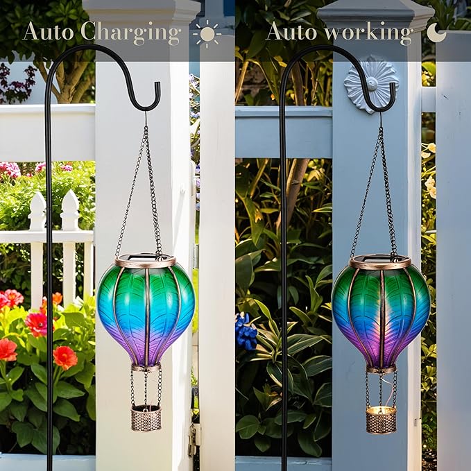 TERESA'S COLLECTIONS 2 Pack Hanging Solar Lantern Outdoor Garden Decor for Valentine ,Waterproof Plastic Hot Air Balloon Green Flickering Flame Effect Lantern for Yard Tree ,18"