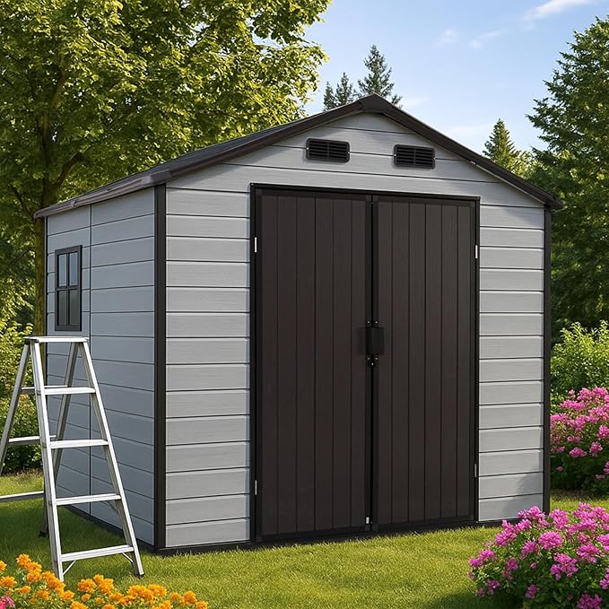 8x8ft Resin Outdoor Storage Shed with Floor and 2 Windows, Plastic Sheds & Outdoor Storage Clearance for Patio Furniture, GardenTools, Bike Accessories and Lawn Mower, Brown+White