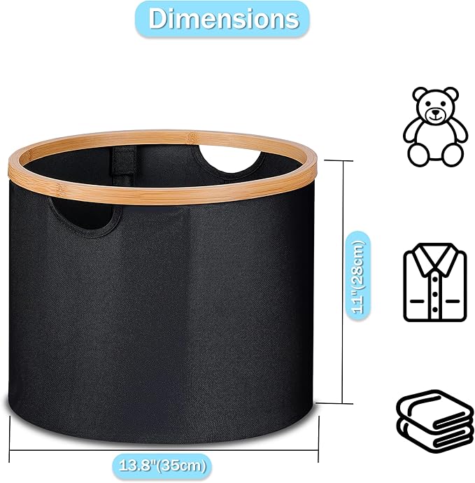 efluky Storage Baskets for Organizing, Fabric Storage Bins with Bamboo Handles, Collapsible Storage Baskets for Shelves and Closet,Medium, Black Set of 2