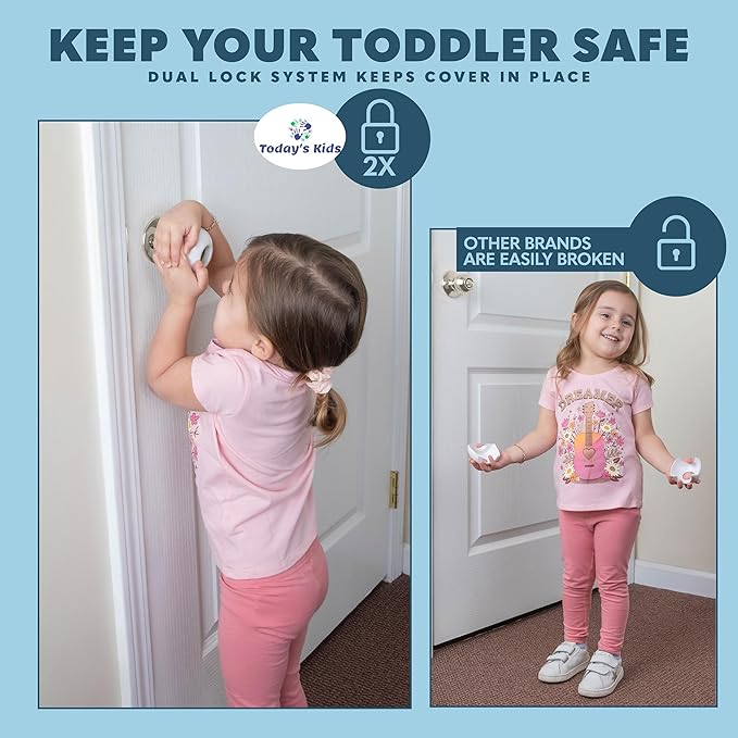 Baby Proofing Door Knob Covers 4 Pack - Easy to Install Child Safety Locks for Doors, Durable & Reusable Child Proof Door Lock, Dual-Lock & Versatile Design, Fits Round Doorknobs, White