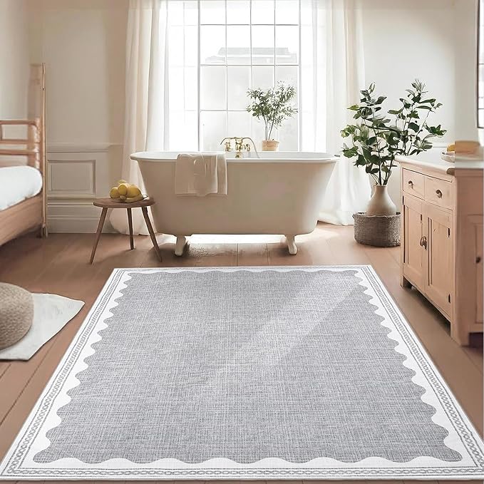 Scalloped Washable Rug 5x7 Area Rugs for Living Room, Solid Grey Rug for Bedroom Girls, Non Slip Scalloped Rug Throw Rugs with Rubber Back, Soft Dorm Nursery Low Pile Carpet for Dining Room