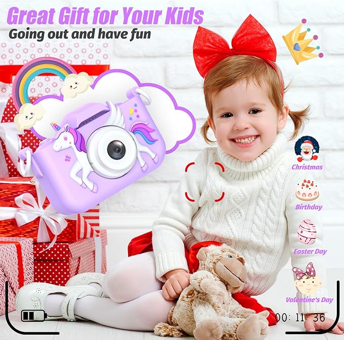 Upgrade Unicorn Kids Camera for Girls, Christmas Birthday Gift for Boys, 1080P HD Selfie Digital Video Camera for Toddlers, Cute Portable Little Girls Boys Gifts Toys for 3 4 5 6 Years Old
