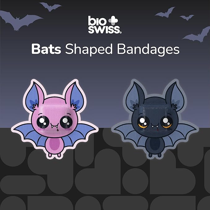 BioSwiss Bandages, Halloween Bat Shaped Self Adhesive Bandage, Latex Free Sterile Wound Care, Fun First Aid Kit Supplies for Kids, 50 Count