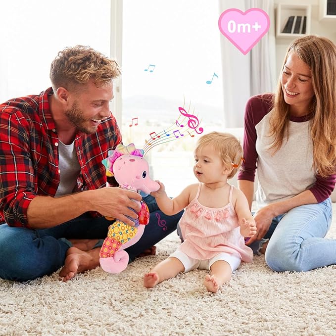 Fuzqq Baby Girl Toys 0-6 Months,Musical Stuffed Animal Plush Toy with Rattle,Soft Newborn Toy for 0 3 6 9 12 Months Girls,Baby Girl Gift,Pink