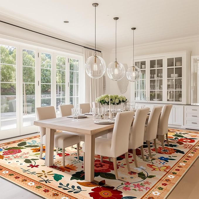 Floral 5x7 Area Rug Machine Washable Soft Print Boho Carpet Non Slip Doormat Low Pile Flower Area Rugs for Living Room Bedroom Nursery Kitchen Dining Room Indoor-Light Orange