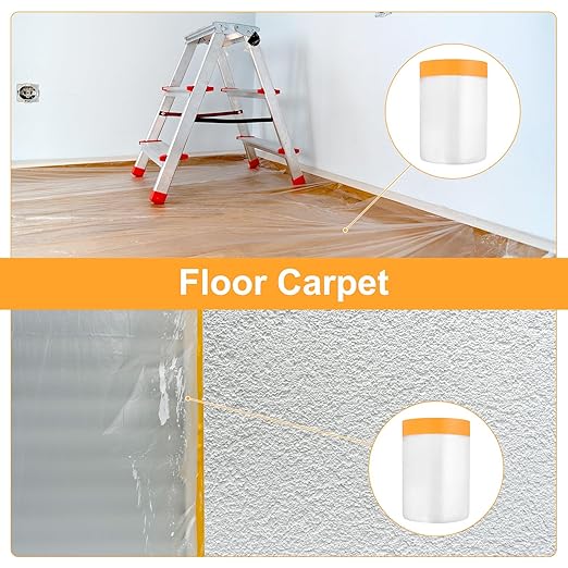 uxcell 3 Rolls Painters Plastic with Tape, 2 x 59 Ft Pre-Taped Masking Film Tape and Plastic Film Paint Plastic Covering Roll for Covering Skirting, Frames and Auto Body, Yellow/Clear