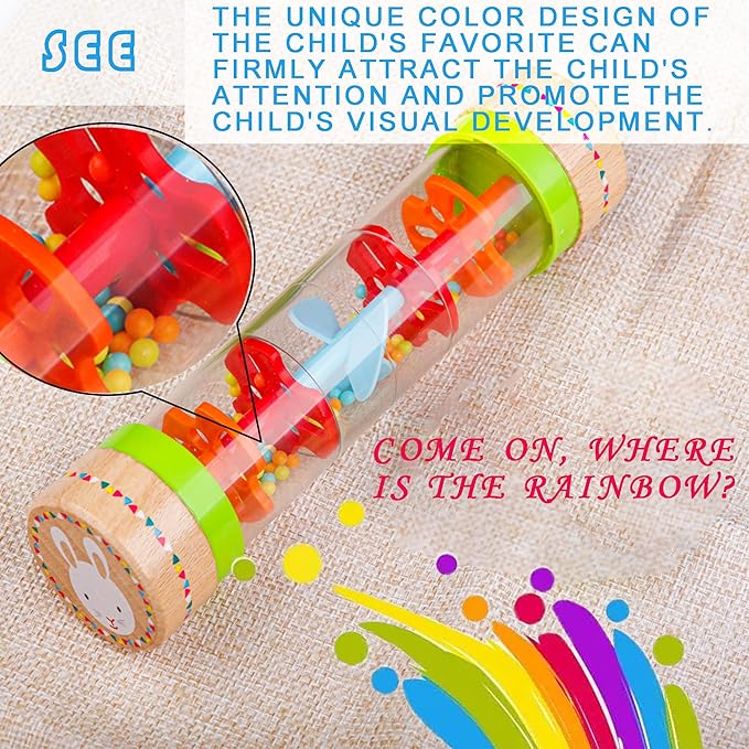 BIUWING Rainmaker Rain Sticks, Mini Wooden Musical Shake, Beaded Raindrops - Turn Over and Watch The Colorful Beads Flow Down The Tube as It Creates The Soothing Sound of Rain