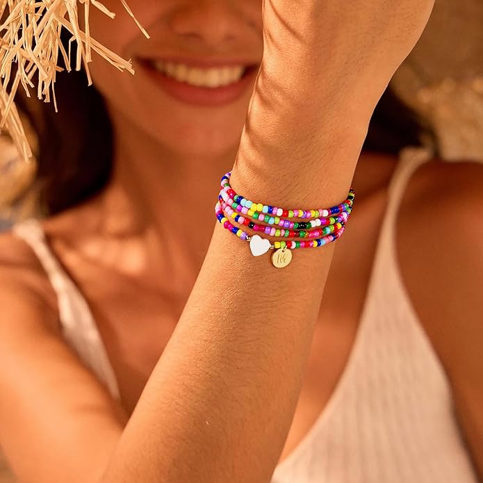 M MOOHAM 4PCS Initial Bracelets for Women Girls - Colorful Beaded Bracelet Heart Initial Bracelet for Women Stackable Layered Boho Bracelets Jewelry Gifts for Kids Teen Girl