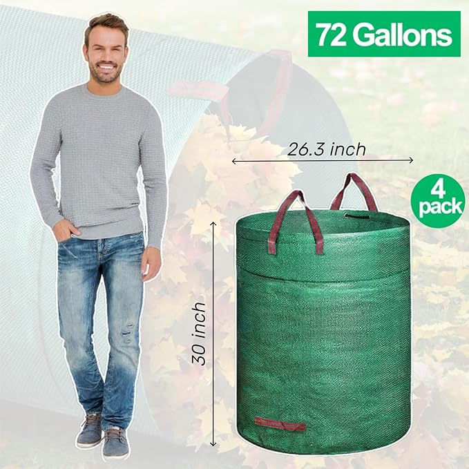 4 Pack 72 Gallons Reusable Yard Waste Bag, 4 Pack Upright Lawn Bags with 4 Handles, Lawn Leaf Bag, Heavy Duty Garden Bags, Large Leaf Containers for Gardening Debris, Waste Collection