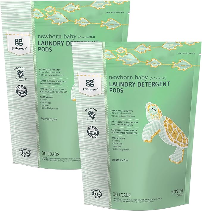 Grab Green Newborn Baby Laundry Detergent Pods, 60 Loads, Fragrance Free, Mineral Based, Non-Toxic, Stain Remover