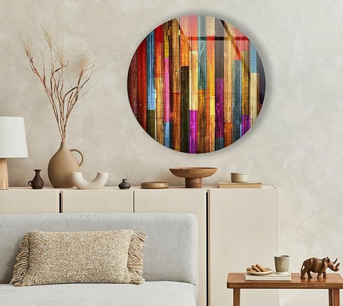 My Photostation.com 27.5''(70cm) Diameter Colorful Wood Pattern Round Glass Wall Art Tempered Glass Printing Wall Decor Large Wall Art Wall Hangings
