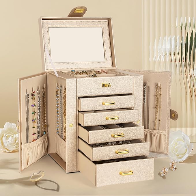 AKOZLIN 6-Tier Jewelry Box Organizer Functional Leather Jewelry Storage Case for Women Girls Ring Necklace Earring Bracelet Holder Organizer with Mirror