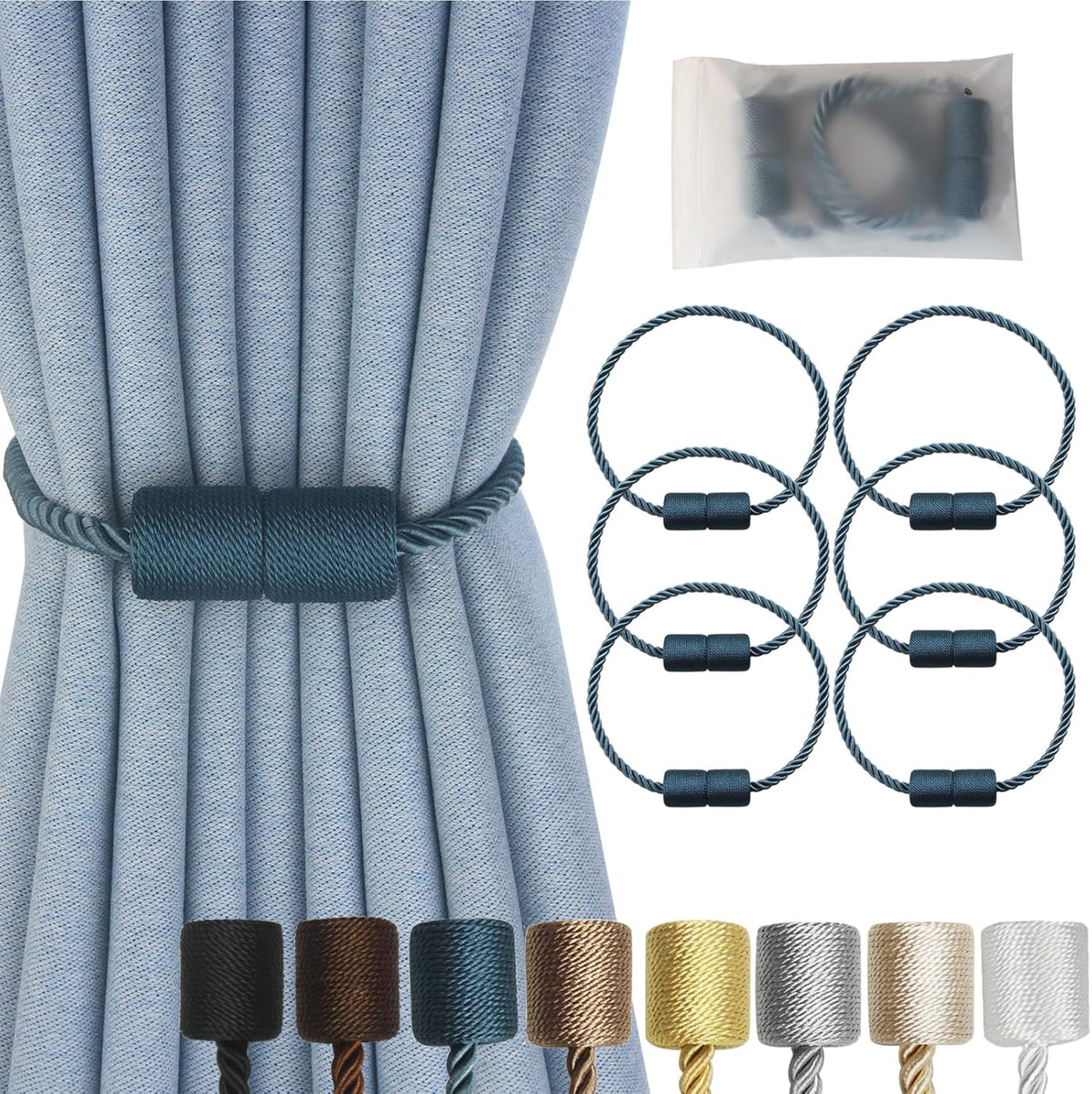 Magnetic Curtain Tiebacks 6 Pack Blue Curtain Rope Tieback Curtain Holders for Drapes Modern Tie Backs Decorative Curtain Holdbacks