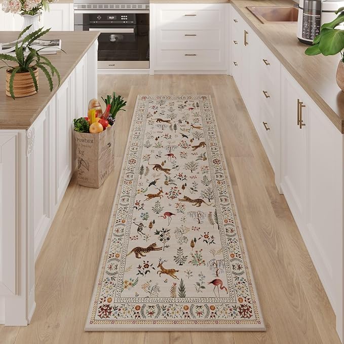 Rugcomf Runner Rug for Kitchen Rug Non Slip 2'x6' Washable Rugs with Rubber Backing Soft Floral Animal Carpet Runner for Kitchen, Laundry, Bedroom, Bathroom (Beige)