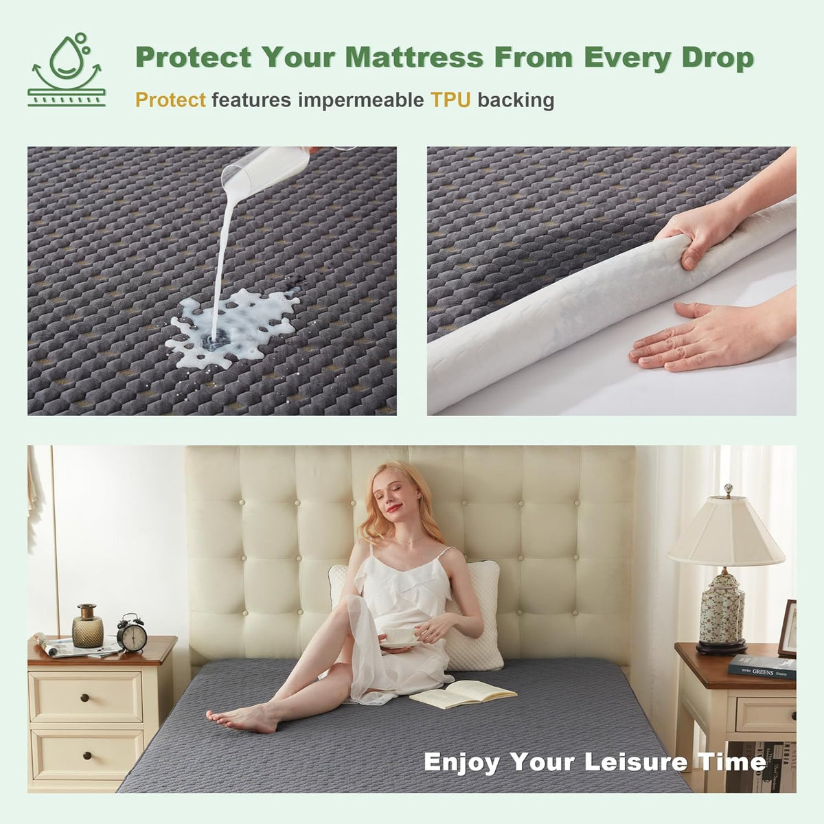 Waterproof Mattress Protector, Queen Size Mattress Pad Fitted 6"-18" Deep Pocket, 3D Air Fabric Breathable Bed Mattress Cover Noiseless Washable for Bedroom, Hotel(Carbon Gray)