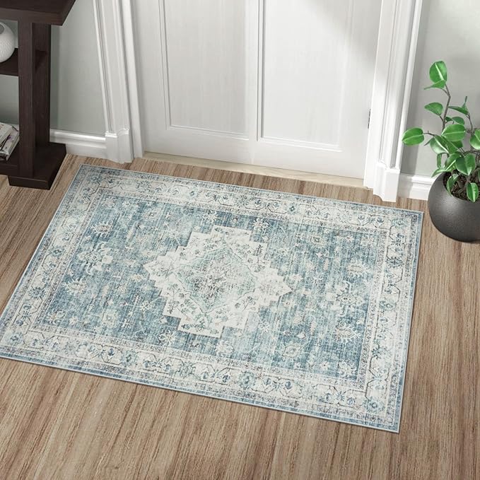 LIVEBOX Washable Rug 2x3 Kitchen Mats for Floor Entryway, Non Slip Front Door Mat for Bathroom Hallway, Boho Low-Pile Small Carpet Farmhouse Throw Indoor Rugs for Bath Sink, Blue