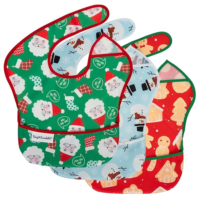 Tiny Twinkle Mess-Proof Baby Bib - Waterproof Bib for Baby Girl or Boy- Machine Washable - Adjustable Closure - PVC, BPA, & Phthalate Free - Great for Travel - Baby Food Bibs (3 Pack,Christmas)