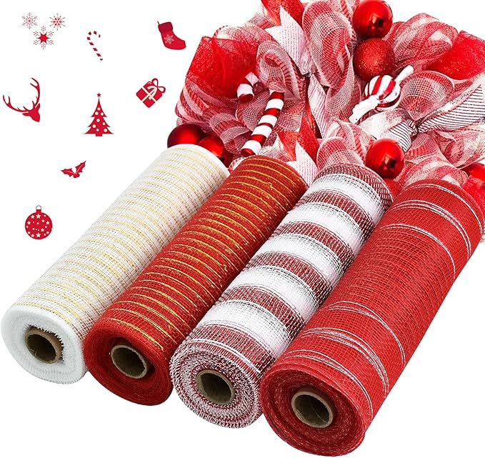 TONIFUL 4 Rolls 10 Inch Red and White Decorative Mesh Ribbbon Rolls, for Wreath Supplies Front Door Craft Tree Decor Christmas NewYears Valentine's Day Halloween Decoration (30ft/roll, 120ft/Set)