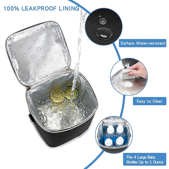 Insulated Bottle Bag with Ice Pack Fits 4 Large Baby Bottles Up to 5 Ounce, Cooler Bag Great for Nursing Mom Daycare-Black