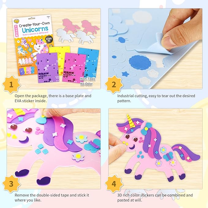 VKPI 4 Pieces EVA Foam Art Crafts Gift Kit, Make Create Your Own Unicorns, Cartoon Foam Paper Craft Projects for Kids Ages 4+ Toddler, Preschool Learning Toy for Birthday Party Favor Supplies