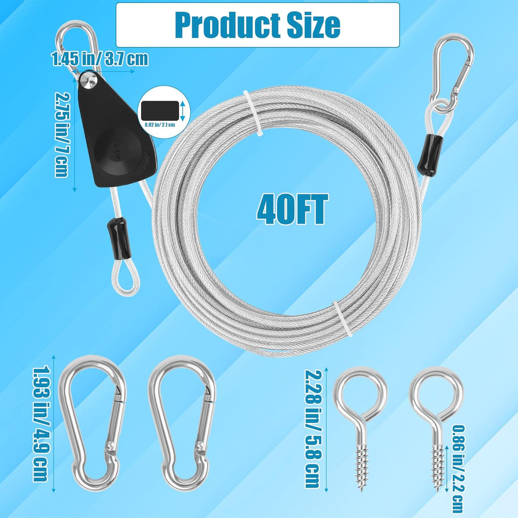 20FT/ 40FT Retractable Travel Clothesline, Adjustable Outdoor Clothesline Drying Clothes Line Laundry for Travel Camping, with Ratchet Pulley/ 2 Screws/ 2 Buckles (Black+Silver, 472, Inches)